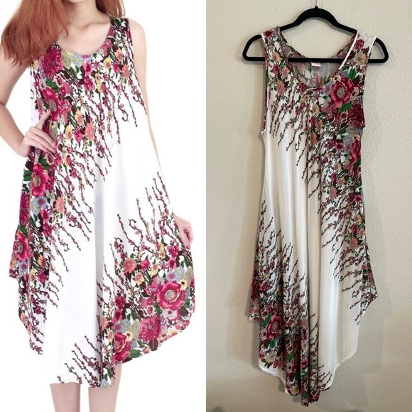 Romchard Women's Midi Dress Medium White Boho Colorful Floral Hippie Bohemian - Picture 1 of 14